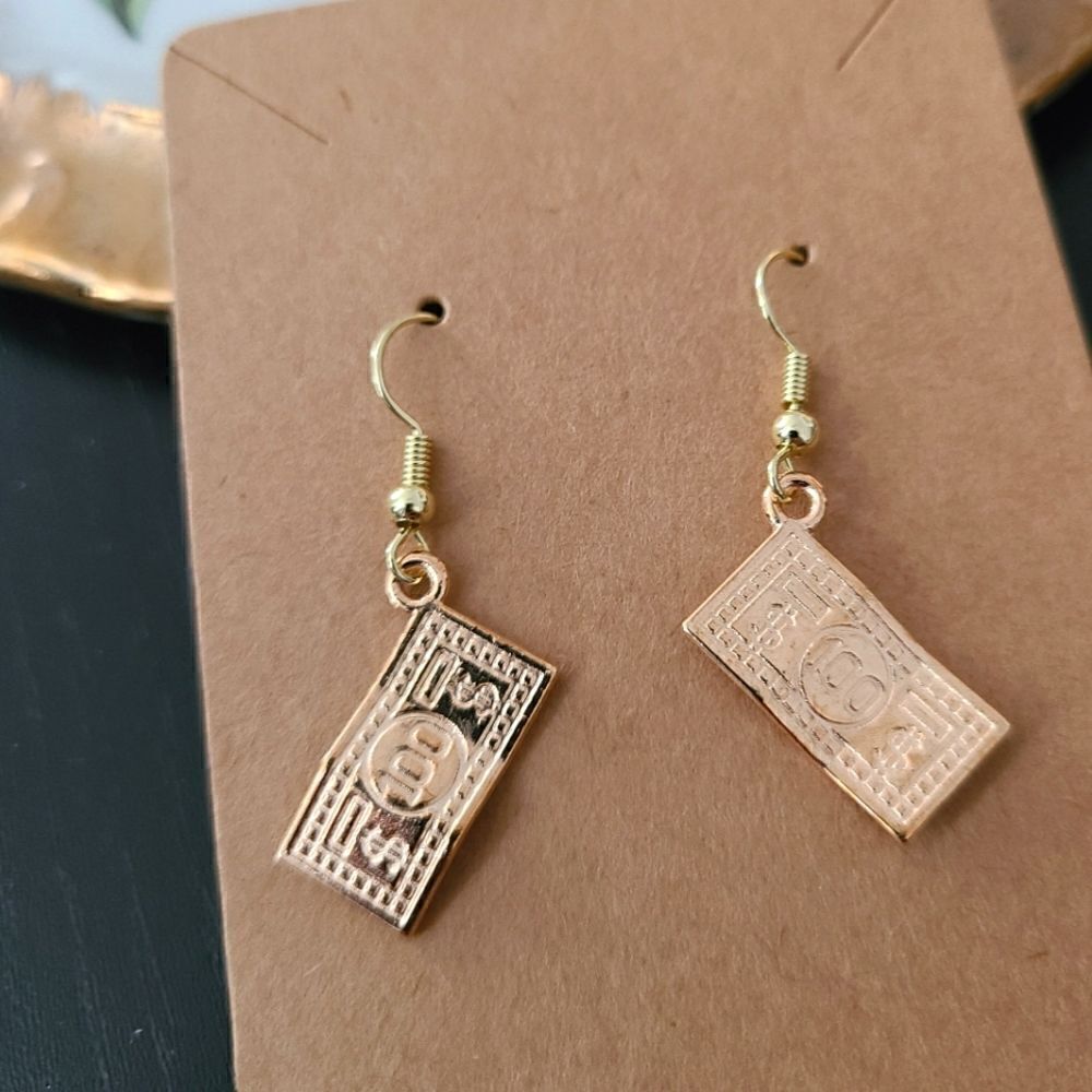New Handcrafted $100 Bill Dangle Earrings on 14K Gold Plated Hooks